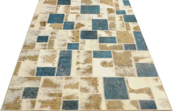 Heriz hand-knotted modern patchwork rug, 302x197 cm, featuring colorful geometric patterns on a soft textile background.
