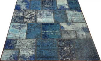 Modern Heriz hand-knotted patchwork rug in beige and gray, measuring 238x169 cm, with intricate geometric patterns.