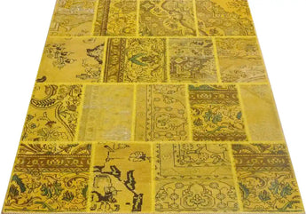 Handwoven Heriz modern patchwork rug, 204x140 cm, featuring vibrant colors and intricate patterns in a contemporary design.
