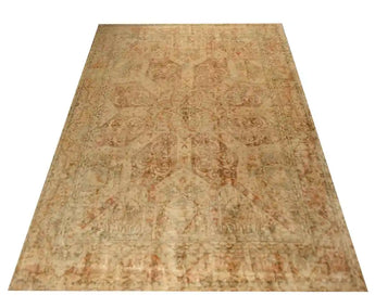 Hand-knotted Heriz vintage rug, 382x289 cm, showcasing intricate traditional geometric patterns in warm earthy tones.