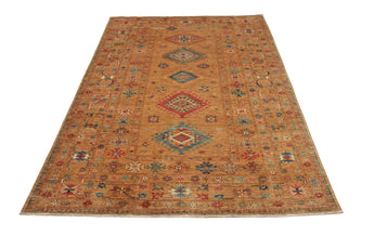 Hand-knotted Heriz Kazak rug, oriental style, royal pattern, 246x166 cm, showcasing intricate geometric designs and rich colors.
