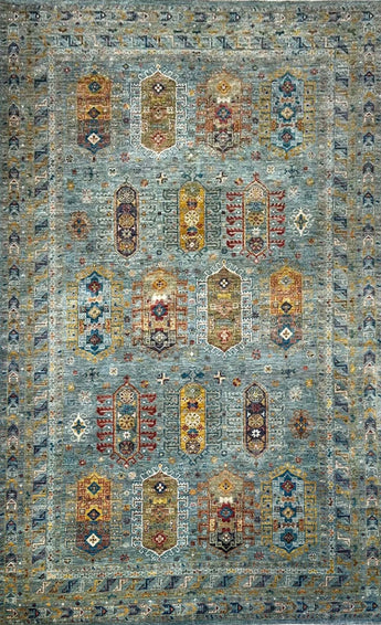 Handwoven Heriz tribal rug, 302x198 cm, featuring intricate oriental patterns and vibrant colors, ideal for traditional home decor.
