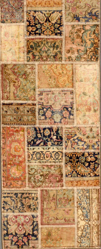 Handwoven modern patchwork rug by Heriz, 200x80 cm, showcasing vibrant geometric patterns and intricate craftsmanship.