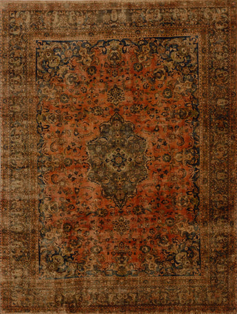 Handwoven modern vintage Heriz rug, 375x279 cm, with intricate patterns and vibrant colors, showcasing traditional craftsmanship.