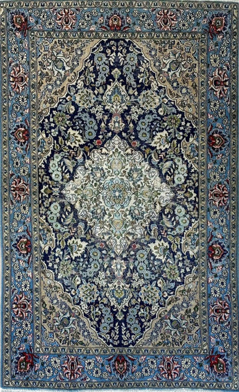 Handwoven modern Qom vintage rug by Heriz, 152x104 cm, featuring intricate patterns and rich colors in a stylish Kleden display.