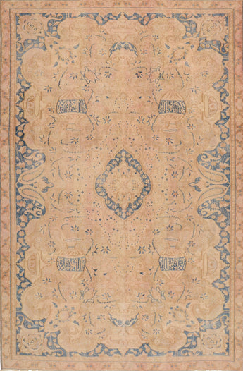 Hand-knotted modern vintage Heriz rug, 310x200 cm, featuring intricate patterns and warm colors, displayed on a neutral floor.