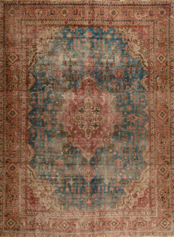 Modern Heriz hand-knotted stonewashed rug, 395x286 cm, showcasing intricate patterns and soft, faded colors on a neutral background.
