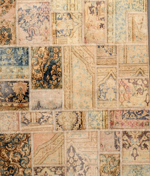 Handwoven modern patchwork rug by Heriz, 200x140 cm, with vibrant geometric patterns and diverse textile patches.
